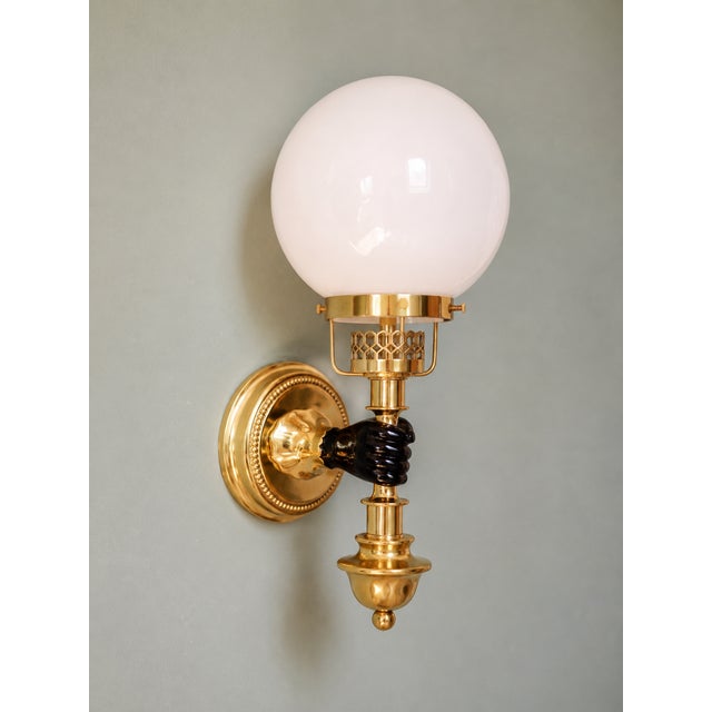 1970s Hollywood Regency Brass Wall Sconces with White Opaline Glass Globes, 1970s, Set of 2 For Sale - Image 5 of 13