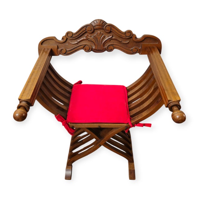 Wood Pair of 1980s Renaissance Revival Style Wooden Folding Chairs With Red Cushions For Sale - Image 7 of 12