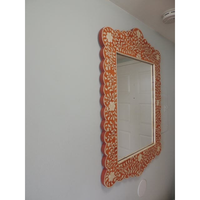 Plastic Orange & Natural Faux-Camel Bone Inlaid Floral Pattern Mirror. For Sale - Image 7 of 7