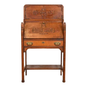 R. J. Horner Style Antique Victorian Carved Oak Slant Front Secretary Desk, Circa 1890s