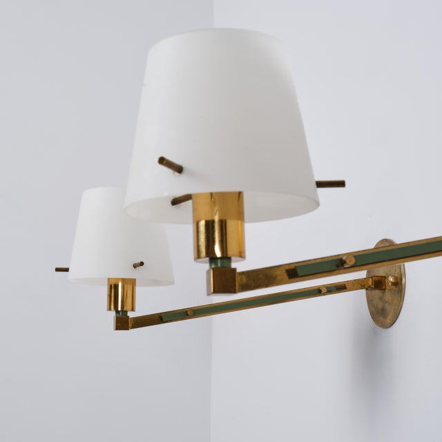 1950s Italian Brass, Green Metal and Opaline Glass Wall Sconces, 1950s, Set of 2 For Sale - Image 5 of 14
