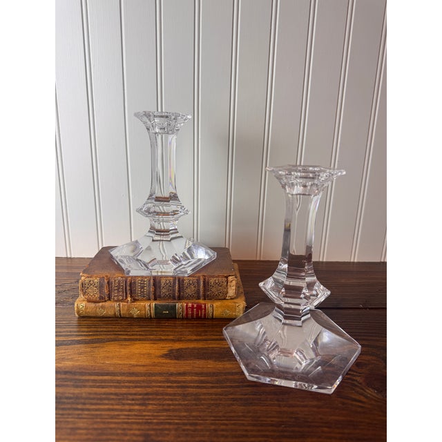 An elegant pair of vintage signed crystal candlesticks by Val Saint-Lambert, the renowned Belgian crystal manufacturer...