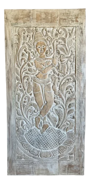 Fluting Krishna Wall Panel – Vintage Limewash Carved Temple Door Wall Art 84x41