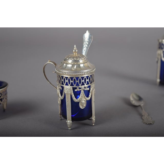 Antique Silver-Mounted Cobalt Blue Glass Condiment Set, 1900, Set of 7 For Sale - Image 13 of 18