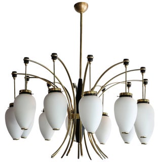 French 1960s Brass and White Glass Chandelier For Sale