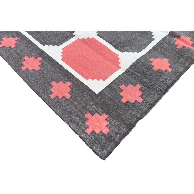 Handmade Cotton Flat Weave Area Rug, Tile Patterned Brown, Coral and Cream Dhurrie - 9'x12' For Sale - Image 6 of 10