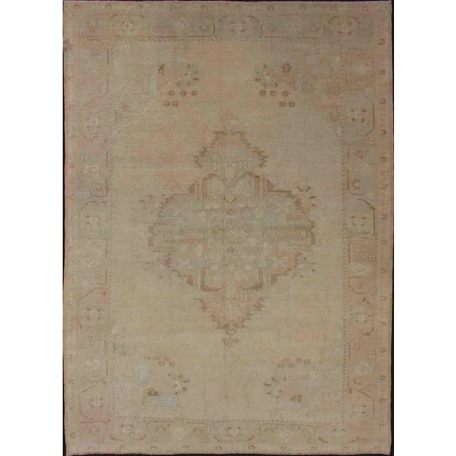 Vintage Turkish Oushak Rug With Faded Sand Field and Pale Brown Medallion For Sale - Image 12 of 12