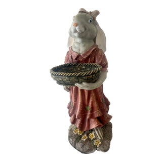 Large Folk Art Country Whimsical Bunny Rabbit Holding a Basket Statue Excellent Condition. For Sale