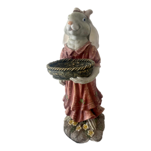 Large Folk Art Country Whimsical Bunny Rabbit Holding a Basket Statue Excellent Condition