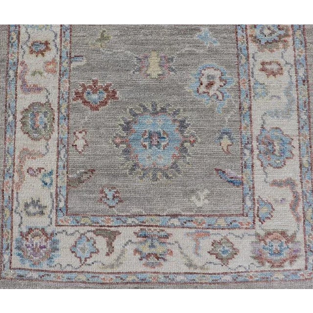 Modern Oushak Runner With Orange and Blue Motifs on Light Gray Background For Sale - Image 10 of 13