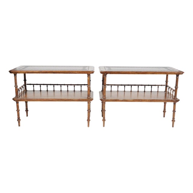 Pair of Late 20th Century Judson Rothschild Aesthetic Movement Faux Bamboo Leather Top End Tables for the Rothschild Collection For Sale