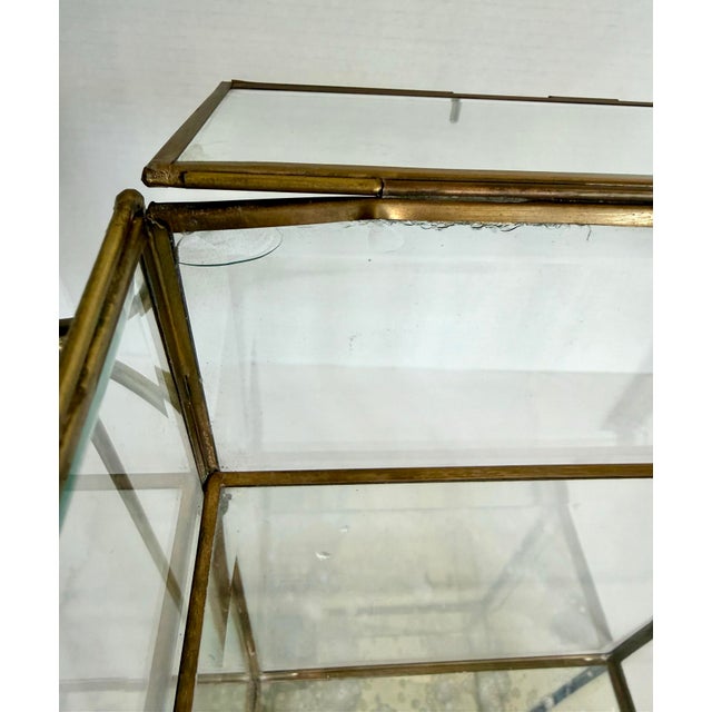 Vintage Brass & Glass Vitrine With Sculptural Side Supports & Antiqued Mirror Base For Sale In Los Angeles - Image 6 of 12