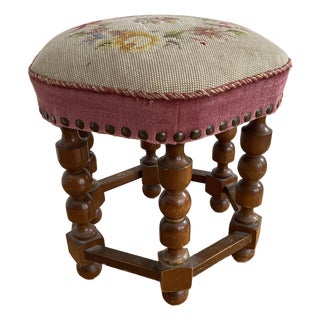 Vintage Mid-Century Walnut Footstool With Floral Needlepoint Tapestry For Sale