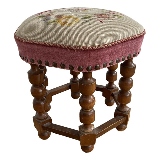 Vintage Mid-Century Walnut Footstool With Floral Needlepoint Tapestry For Sale