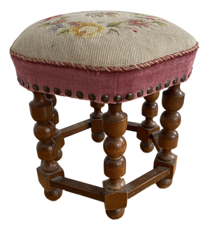 Vintage Mid-Century Walnut Footstool With Floral Needlepoint Tapestry