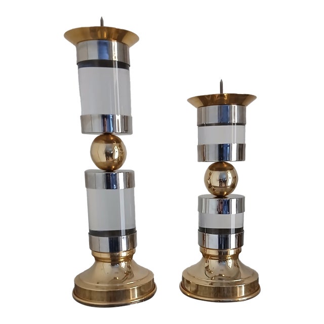 VTG Pair of Hollywood Regency/MCM Brass and Lucite Candlestick Holders Extra Large For Sale