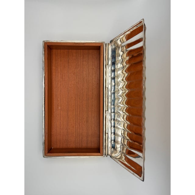 Wood Vintage Ralph Lauren Hammered Metal & Wood-Lined Cigar Case — Ribbed Lid Box For Sale - Image 7 of 8