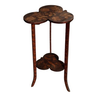 Antique Pyrography Clover Form Two Tiered Side Table For Sale