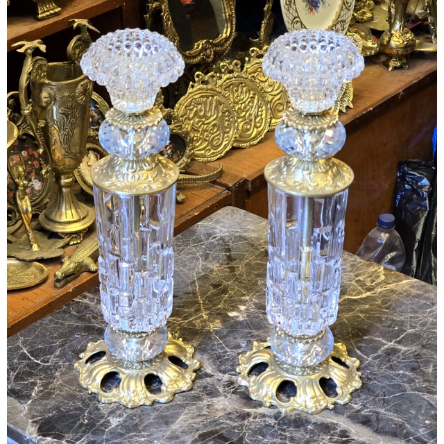 French French Style Crystal & Brass Single Candle Holder Set of 2 for Refined Interiors For Sale - Image 3 of 3