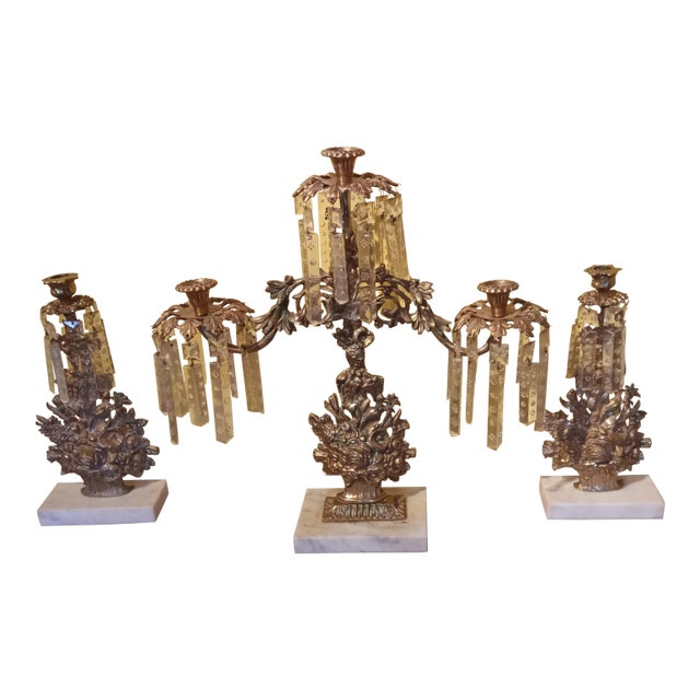 Antique Solid Brass & Marble Girandole Candelabras - Set of 3 For Sale
