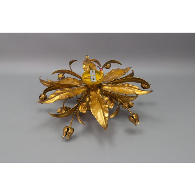 Hollywood Regency Gilt Metal Flower Shaped Flush Mount, 1970s For Sale - Image 12 of 16