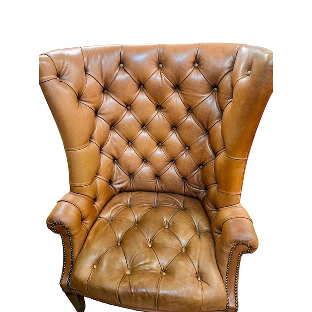 Mid 20th Century Pair of High-Back, Barrel-Shape Tufted Leather Armchairs With Brass Nailhead Trim For Sale - Image 5 of 9