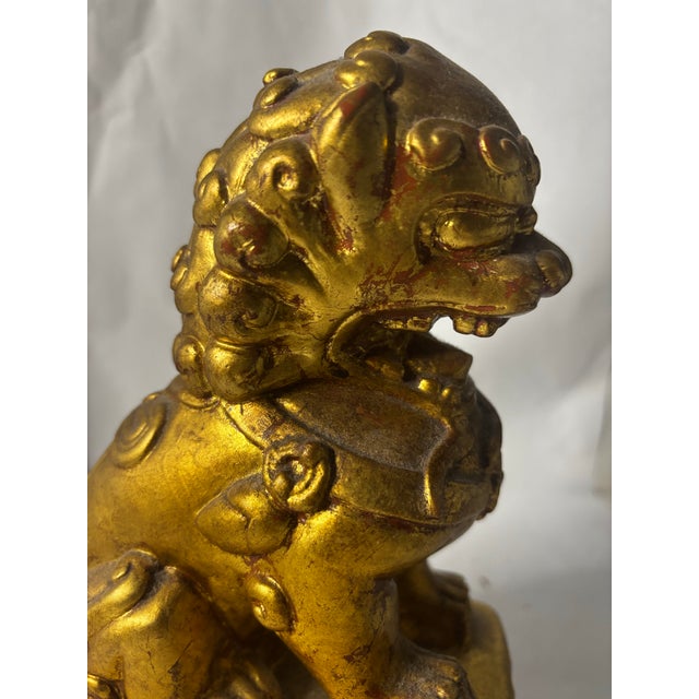 Early 20th Century Early 20th Century Chinese Gilt Buddhist Guardian Lion on Lotus Base For Sale - Image 5 of 11