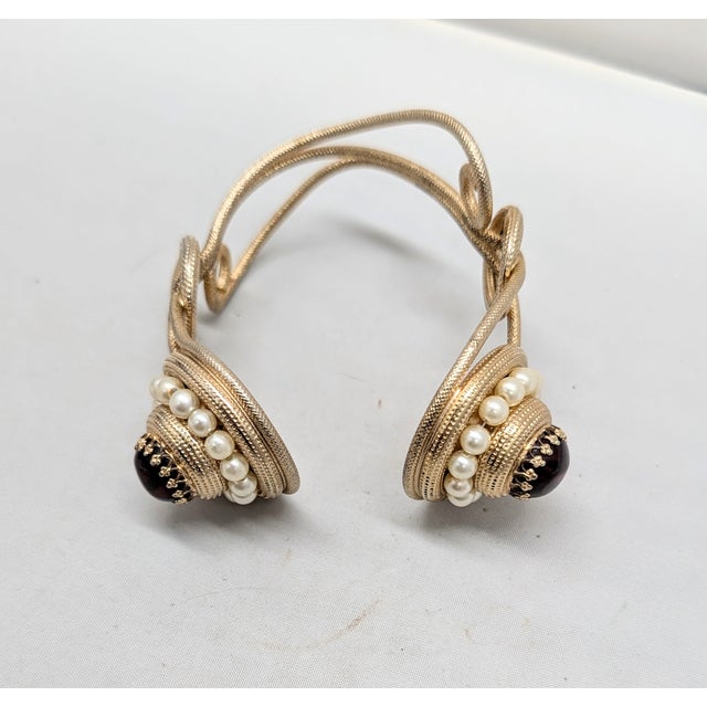 Mid-Century Modern Vintage 1950s Signed Napier Goldtone Cabochon Faux-Garnet & Faux-Pearl Cuff Bracelet For Sale - Image 3 of 13