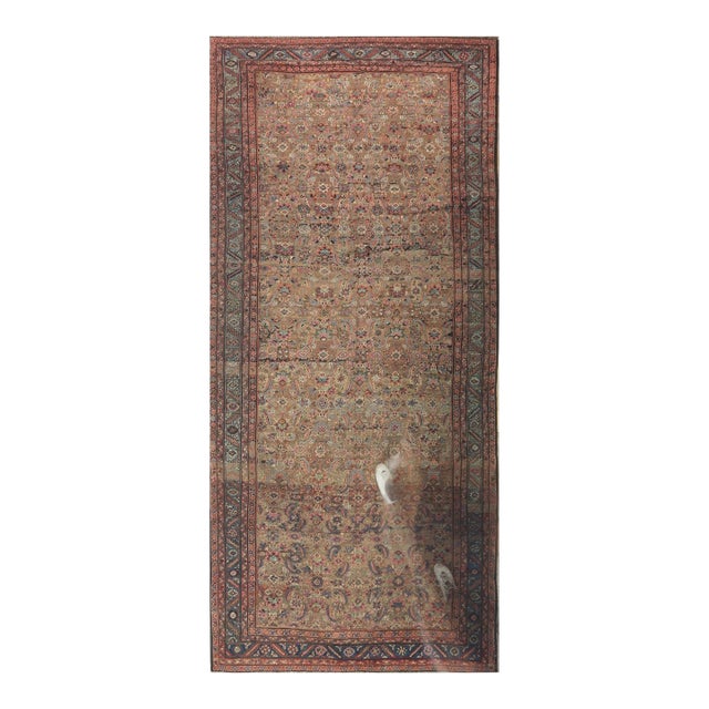 1880s Rustic Camel Geometric Antique Bakshaiesh Handknotted Wool Gallery Rug For Sale