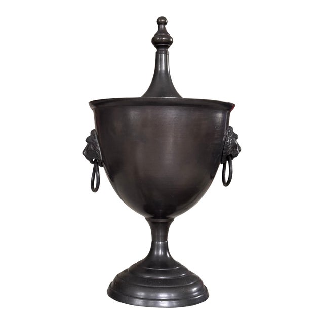 Vintage Neoclassical Bronze Finish Metal Lion Head Motif Urn Jar For Sale