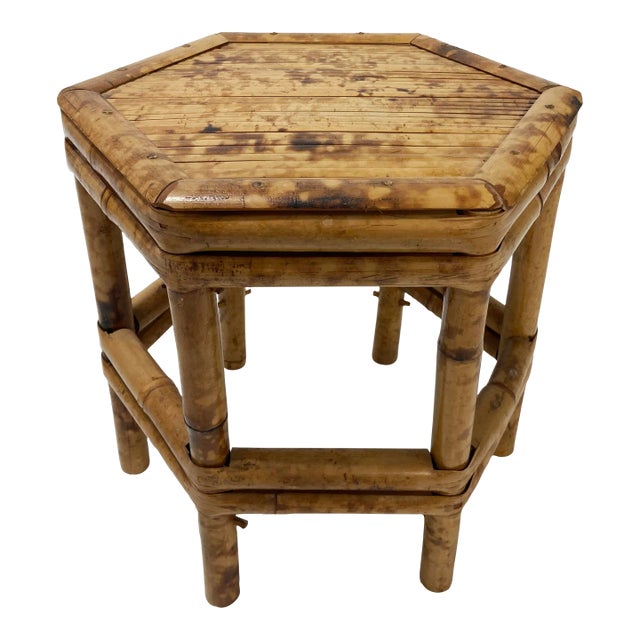 Vintage Hex Scorched Bamboo Split Reed Plant Stand or Riser For Sale