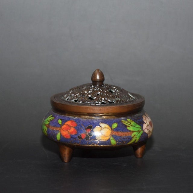 Vintage Cloisonné Enamel Incense Burner With Floral Motif - Asian Censer For Sale In Los Angeles - Image 6 of 9
