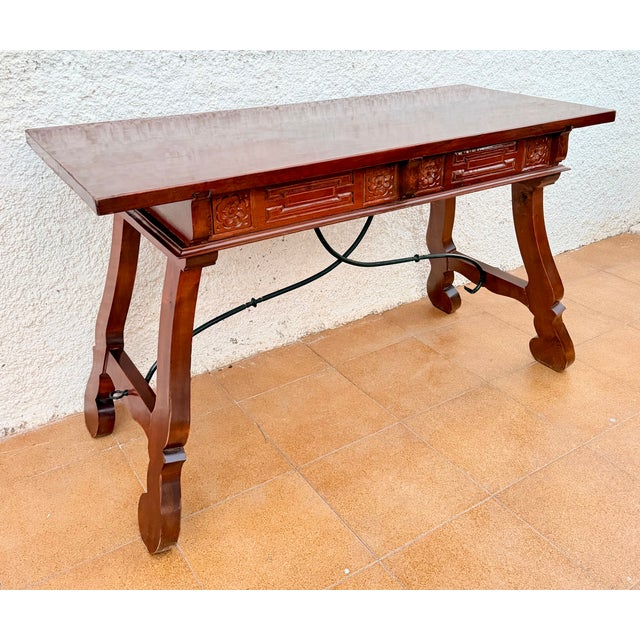 Brown Spanish Baroque Style Carved Wooden Console Table with Wrought Iron Stretcher, 1930 For Sale - Image 8 of 10