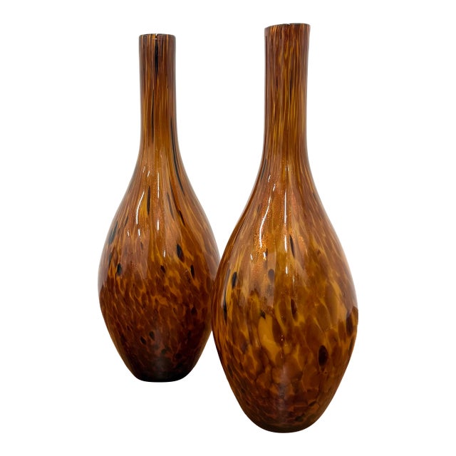 Vintage Murano Style Amber Art Glass Bottleneck Vase - Pair For Sale