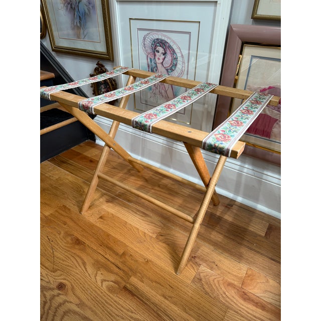 Vintage Folding Luggage Rack / Quilt Stand With Floral Needlepoint Straps For Sale - Image 4 of 8