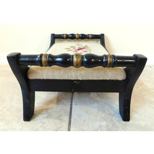 Vintage Mid-Century Hitchcock Black & Gold Floral Needlepoint Footstool For Sale In West Palm - Image 6 of 14