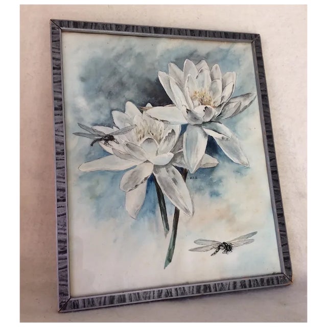 An Antique Art Deco, Art Nouveau Watercolor Painting of Lilies and Dragonflies. The Painting is done in a realistic manner...