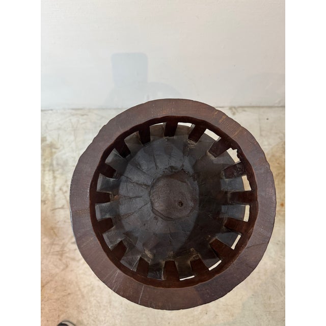 Brown Antique Rustic Wooden Plant Stand With Wheel Axle Base For Sale - Image 8 of 8