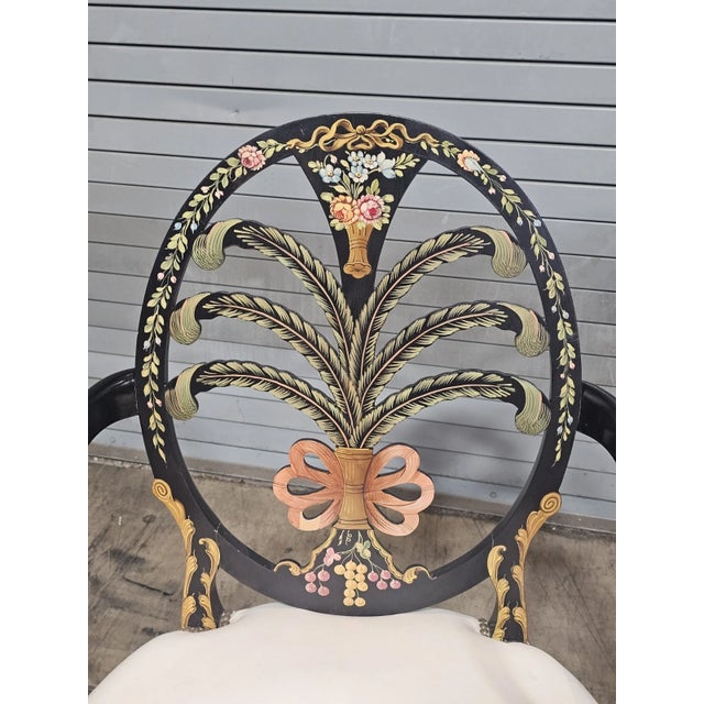 Late 20th Century Pair of Karges Hepplewhite Plum Arm Chairs Ebonized, Carved Hand Painted Leather Fabric For Sale In Cleveland - Image 6 of 12
