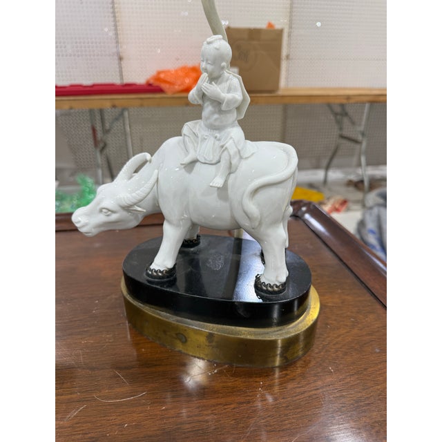 1920s Blanc De Chine Porcelain Figurine Lamps of a Boy and a Water Buffalo Pair For Sale - Image 4 of 6