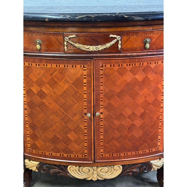 Antique French Style Inlaid Wood Carved Marble Top Demilune Server For Sale - Image 9 of 14