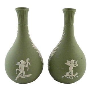 Vintage Wedgwood Green Jasperware Vase- Set of 2 For Sale