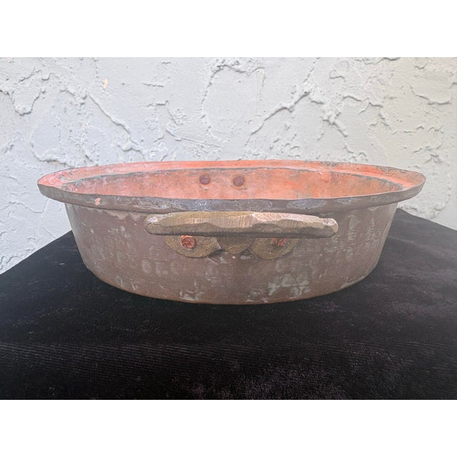 Vintage Primitive Copper Tone Handled Serving Pan With Brass Handles For Sale - Image 4 of 9