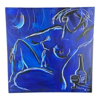 Mark Kasav Original Painting on Canvas "Blue Moon Nude" Woman, 30" X 30" For Sale