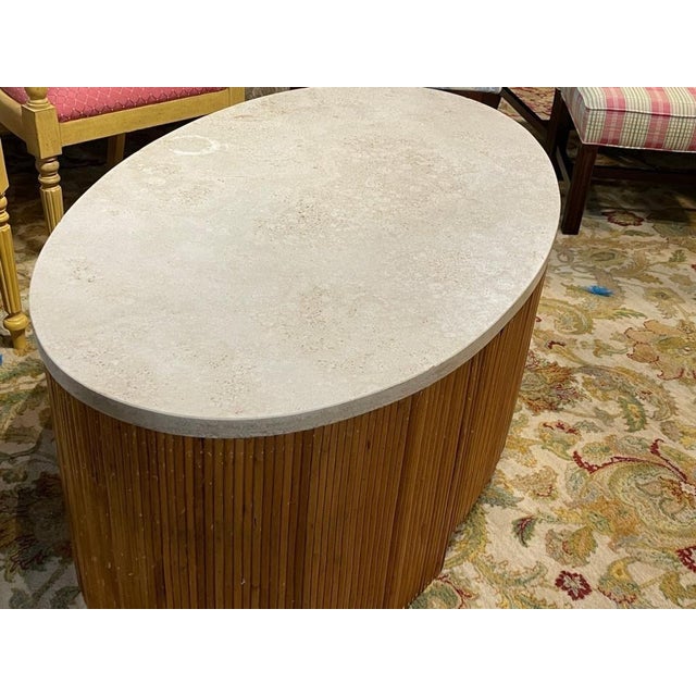 1970s Mid Mod Oval Travertine & Pencil Reed Coffeee 54" For Sale - Image 4 of 6