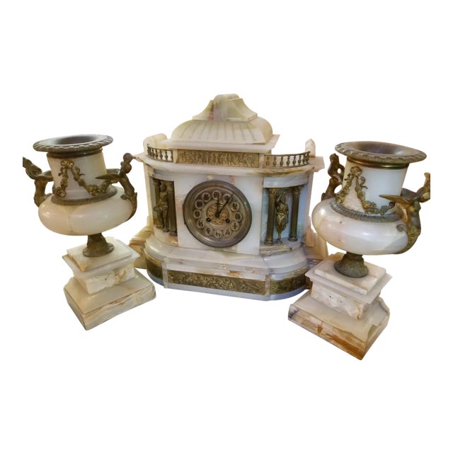 Antique French Louis XVI Style Onyx & Gilt Bronze Garniture Clock Set With Vincenti Médaille D’Argent Movement For Sale