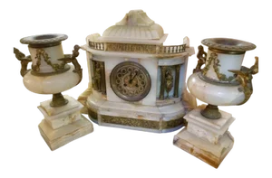 Antique French Louis XVI Style Onyx & Gilt Bronze Garniture Clock Set With Vincenti Médaille D’Argent Movement