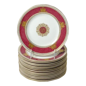Vintage Wedgwood Ruby Gilt Encrusted Dessert or First Course Plates - Set of 16