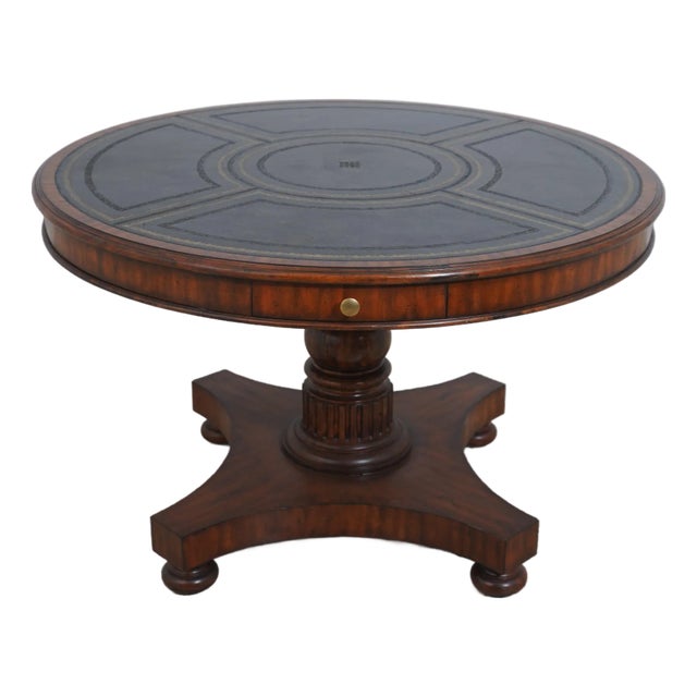 1990s Maitland Smith Round Mahogany Leather Top Center Table For Sale