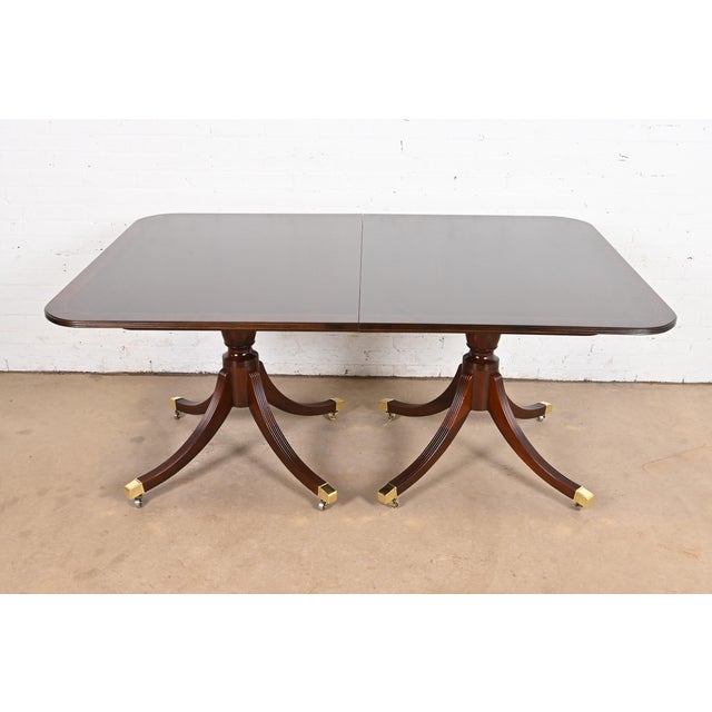 Wood Baker Furniture Georgian Banded Mahogany Double Pedestal Extension Dining Table, Newly Refinished For Sale - Image 7 of 12